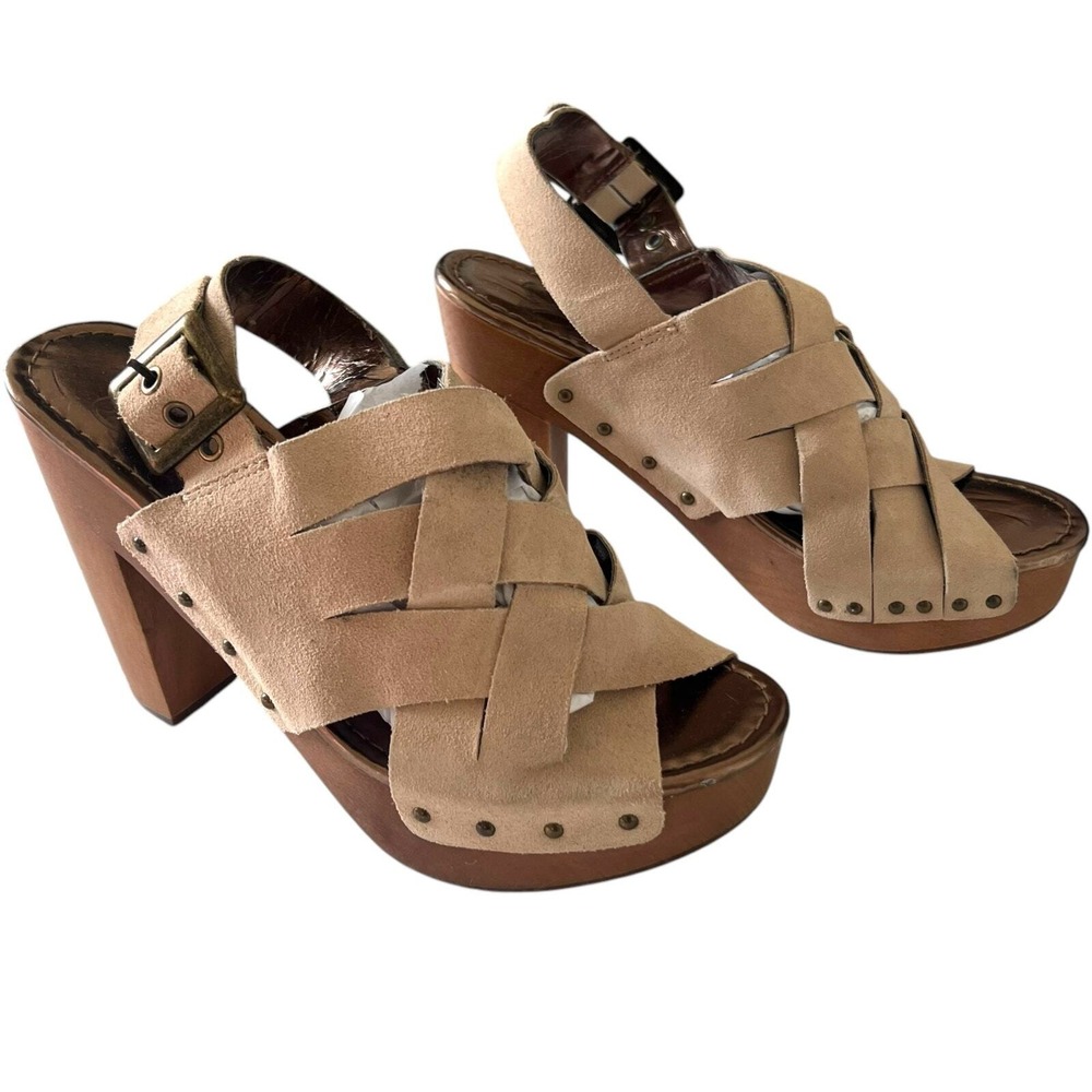 Ciao Bella Tan Suede Woven Platform Sandals Wooden Block Heel‎ Studded 70s Style